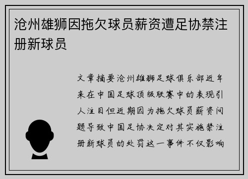 沧州雄狮因拖欠球员薪资遭足协禁注册新球员