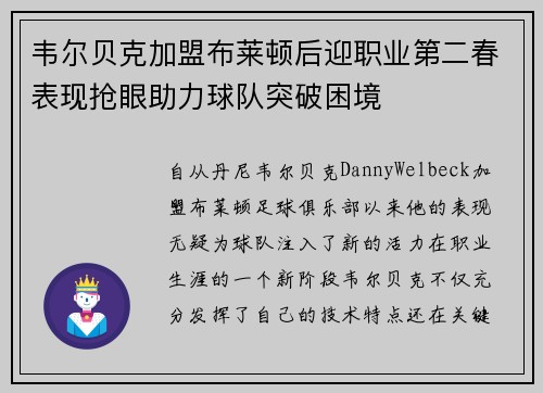 韦尔贝克加盟布莱顿后迎职业第二春表现抢眼助力球队突破困境