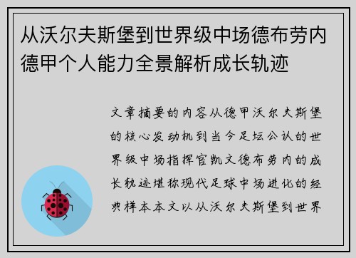 从沃尔夫斯堡到世界级中场德布劳内德甲个人能力全景解析成长轨迹